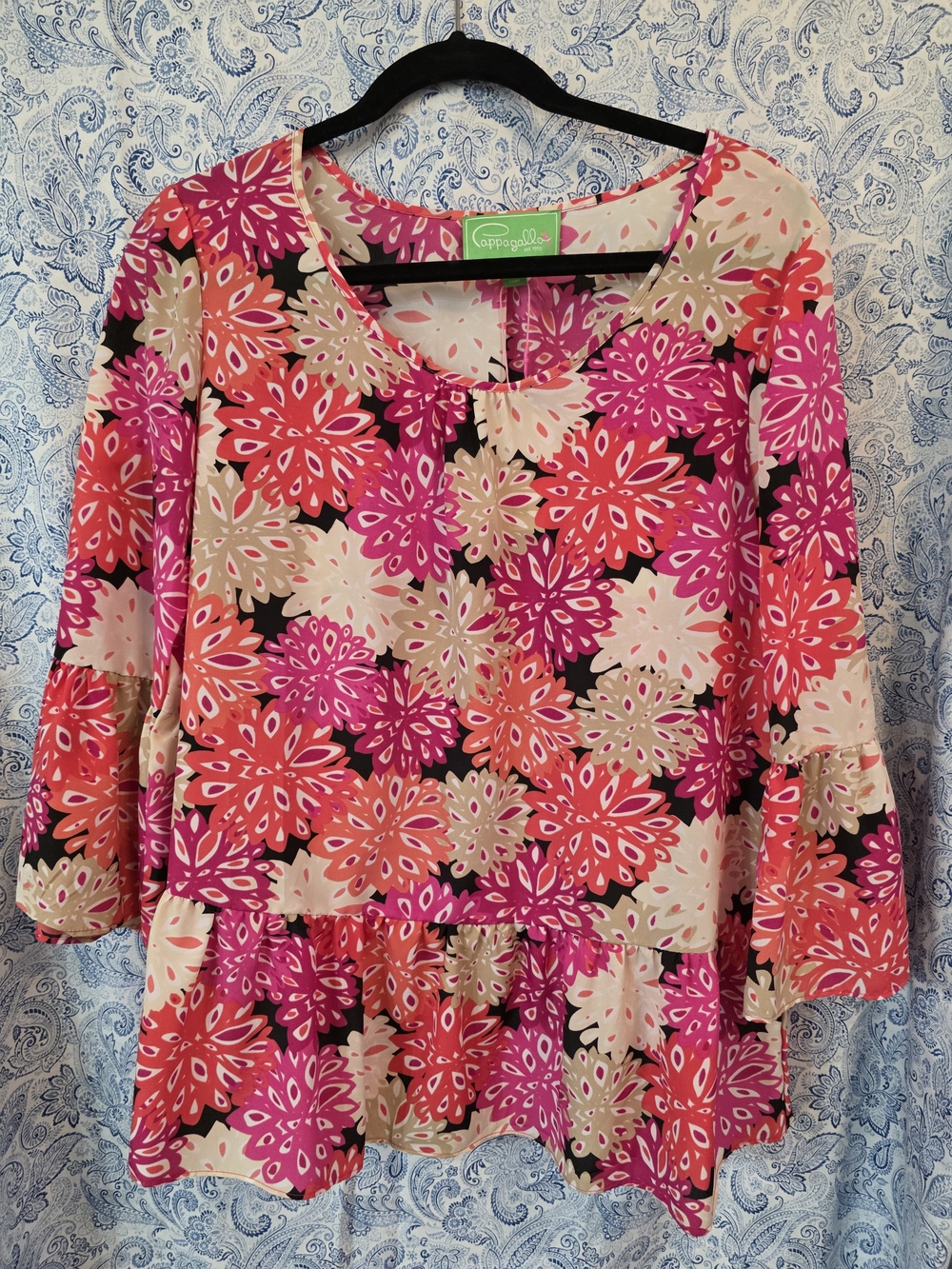 Pappagallo Pink and Coral Floral Ruffle Hem Blouse NWT